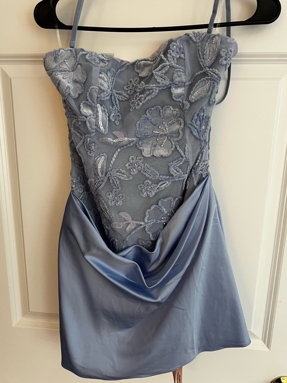 Oh Polly - Eden Embellished Draped Strapless A-Line Mini Dress in Sky Blue - Picture 4 of 6